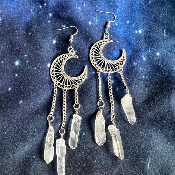 Celestial LUNA MOON Clear Quartz Chandelier Earrings - Picture 5 of 5